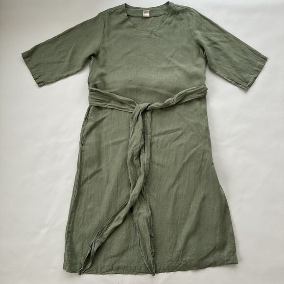 Len OK Green Linen 3/4 Sleeve Long Shift Dress W/wrap Around Belt Pockets XL - Picture 1 of 10